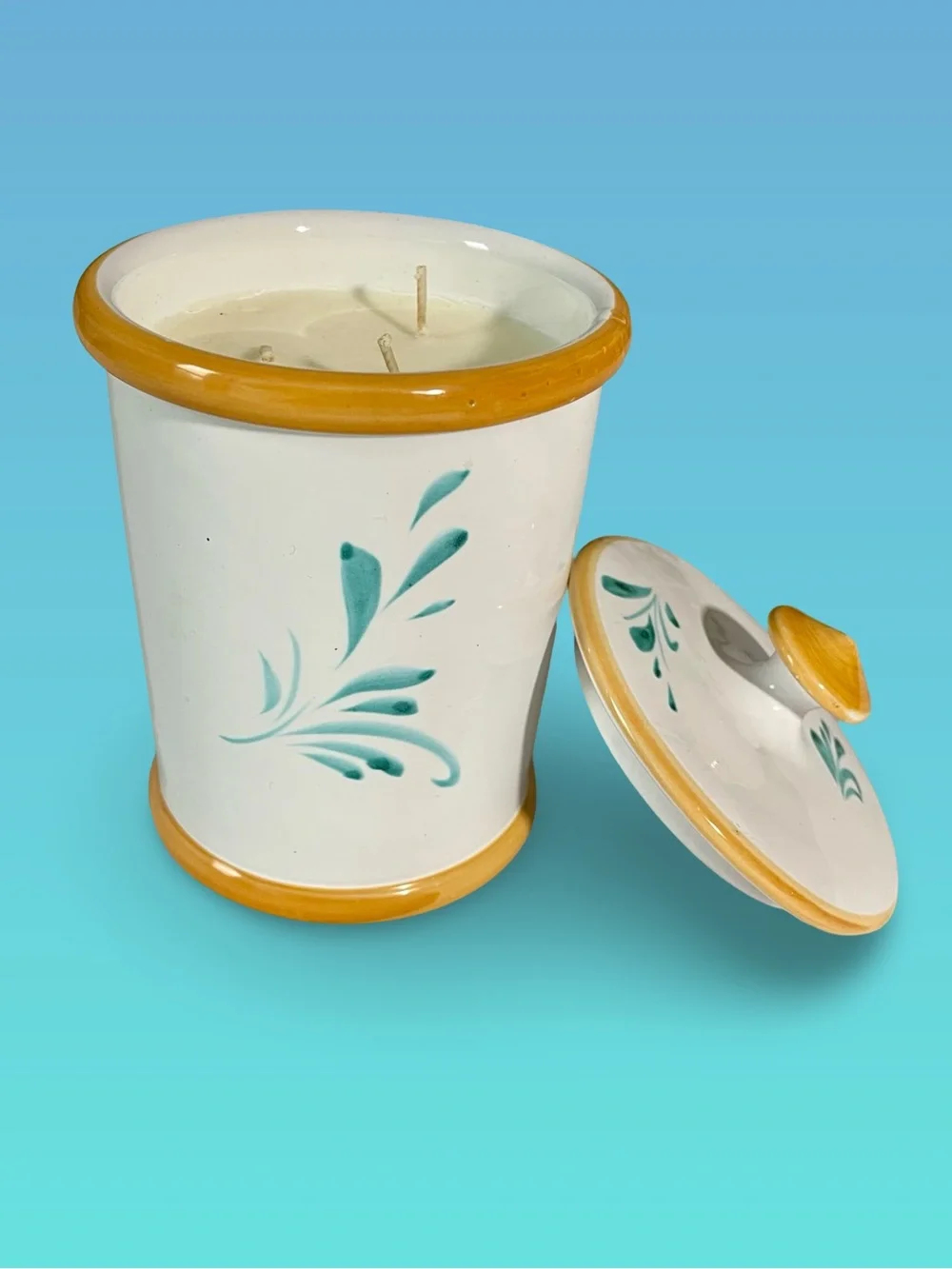 Tuscan Style Ceramic Jar Multi Wick Candle Hand Painted Italian Design Lidded